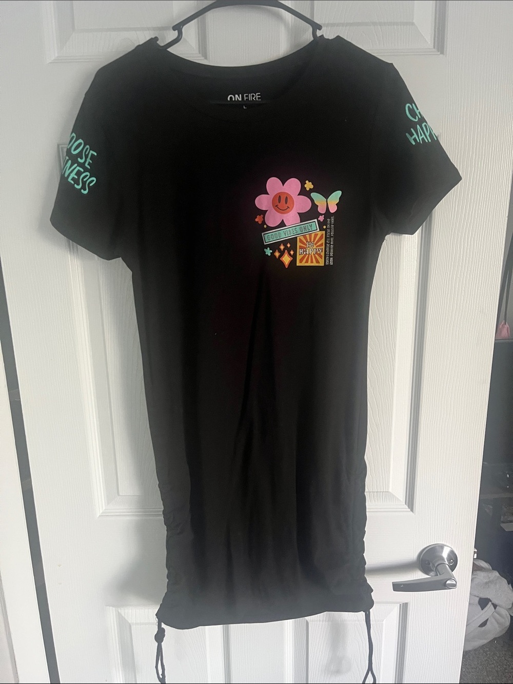On Fire Black Tee Dress with Pink Flower & Turquoise Accents